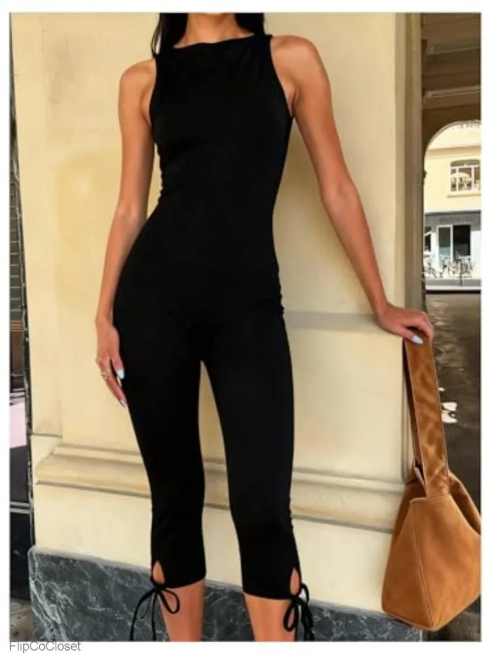 Womens Backless Capri Jumpsuits Tie Knot One Piece Bodycon Romper Summer